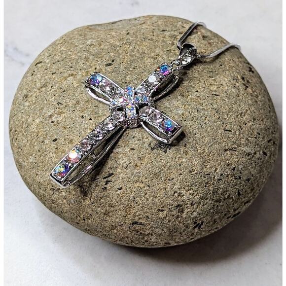 White Gold Plated Crystal Cross Necklace - Picture 6 of 12